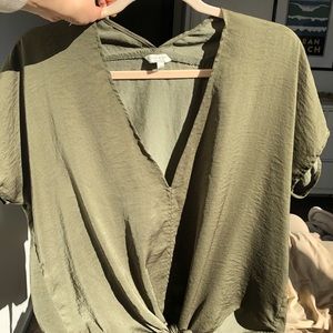 Lucky Brand Olive Green V Neck, Tie Bottom Blouse